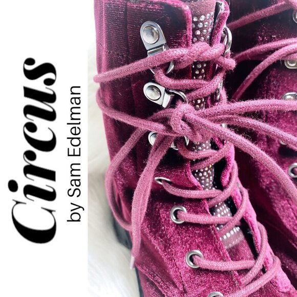 CIRCUS BY SAM EDELMAN Dawson Red Velvet Studded Combat Boot, Size 7 - Picture 3 of 14